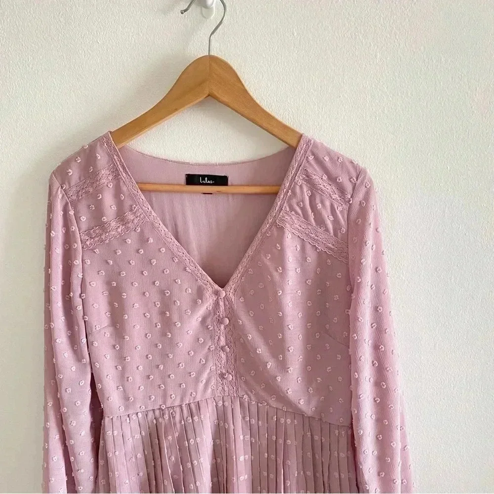 Lulus Poetic Love Mauve Swiss Dot Long Sleeve Pleated Mini Dress - Picture 3 of 13